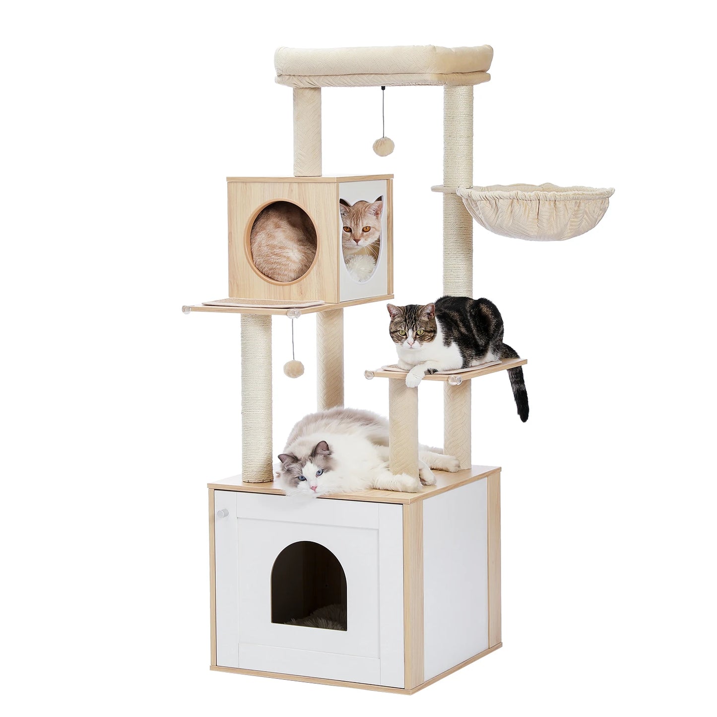 Multi Level Cat Tree Indoor Wood Cat Tower With Scratching Posts And Hammock