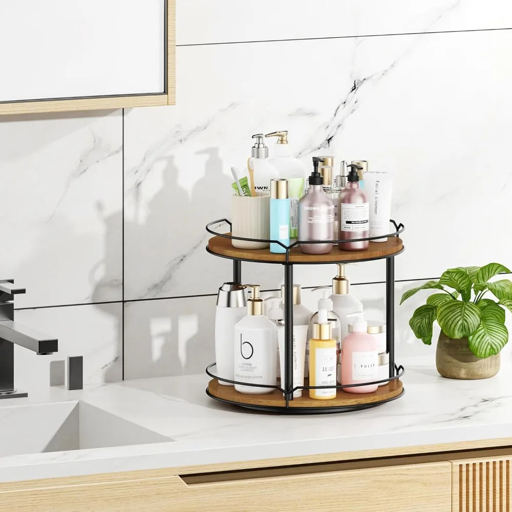 Triple Tier Wooden Rotating Spice Rack Organizer for Kitchen Pantry and Bathroom