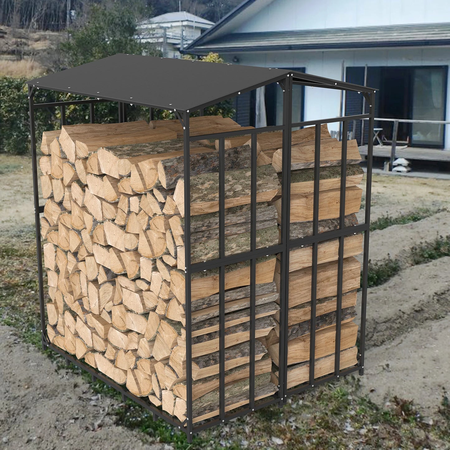 Extra Large Outdoor Firewood Rack With Waterproof Cover Heavy Duty Square Stand