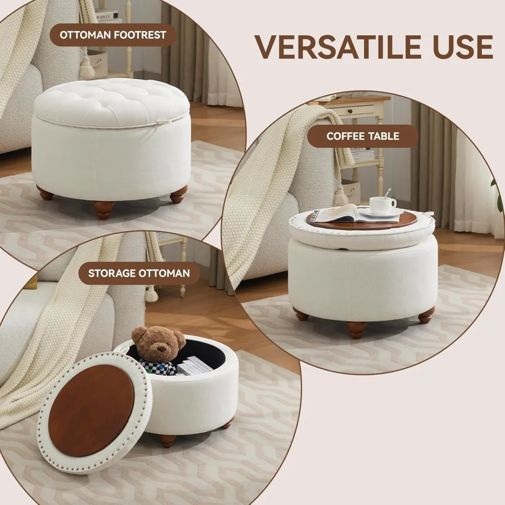 24 Inch Round Storage Ottoman With Removable Tray Tufted Fabric Coffee Table