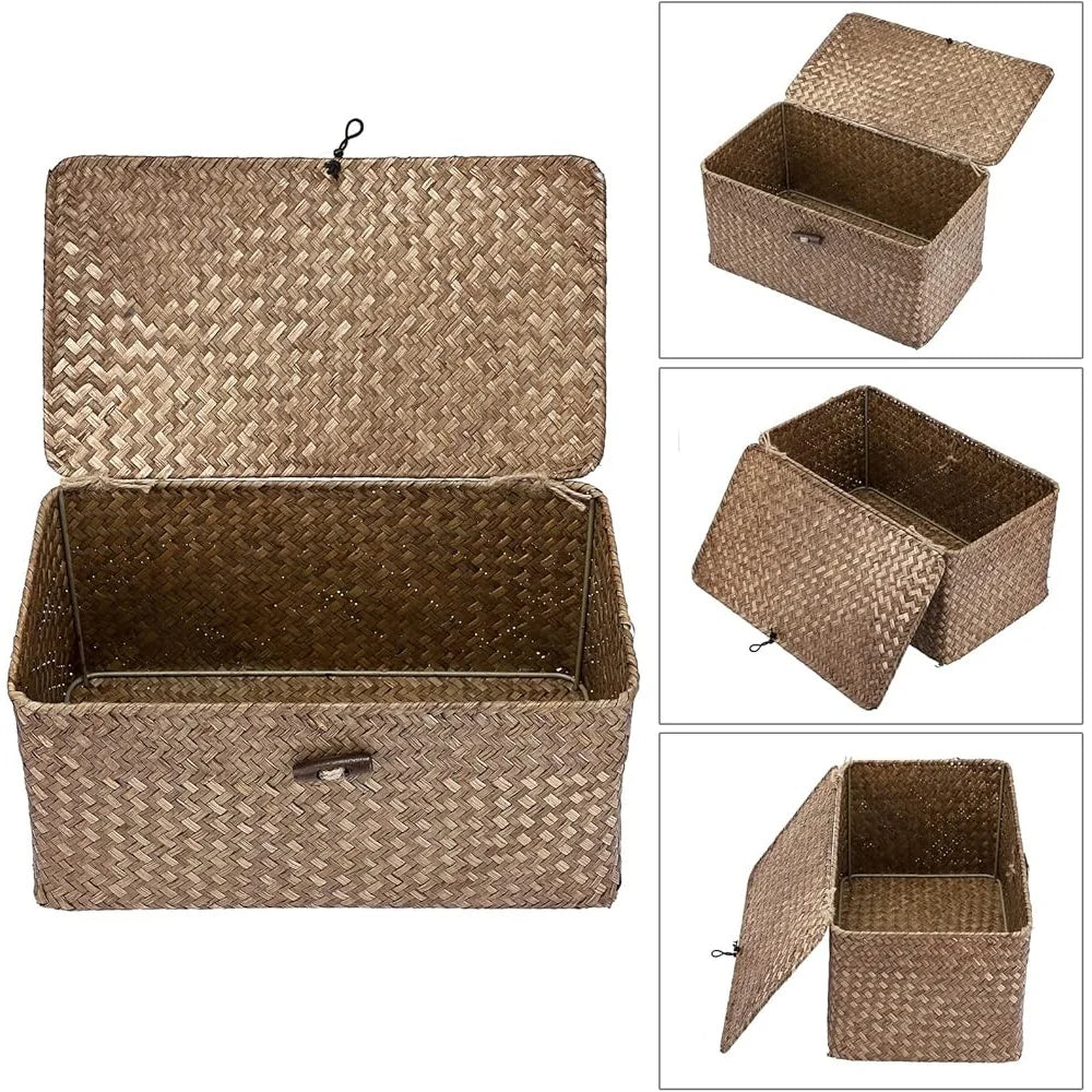 Handwoven Seagrass Storage Basket With Lid Rectangular For Home Office Gift Idea