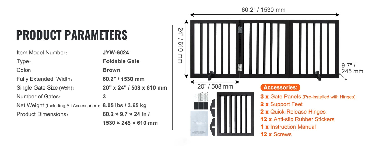 SucceBuy Free Standing Dog Gate 3 Panel Foldable Barrier For Narrow Passages