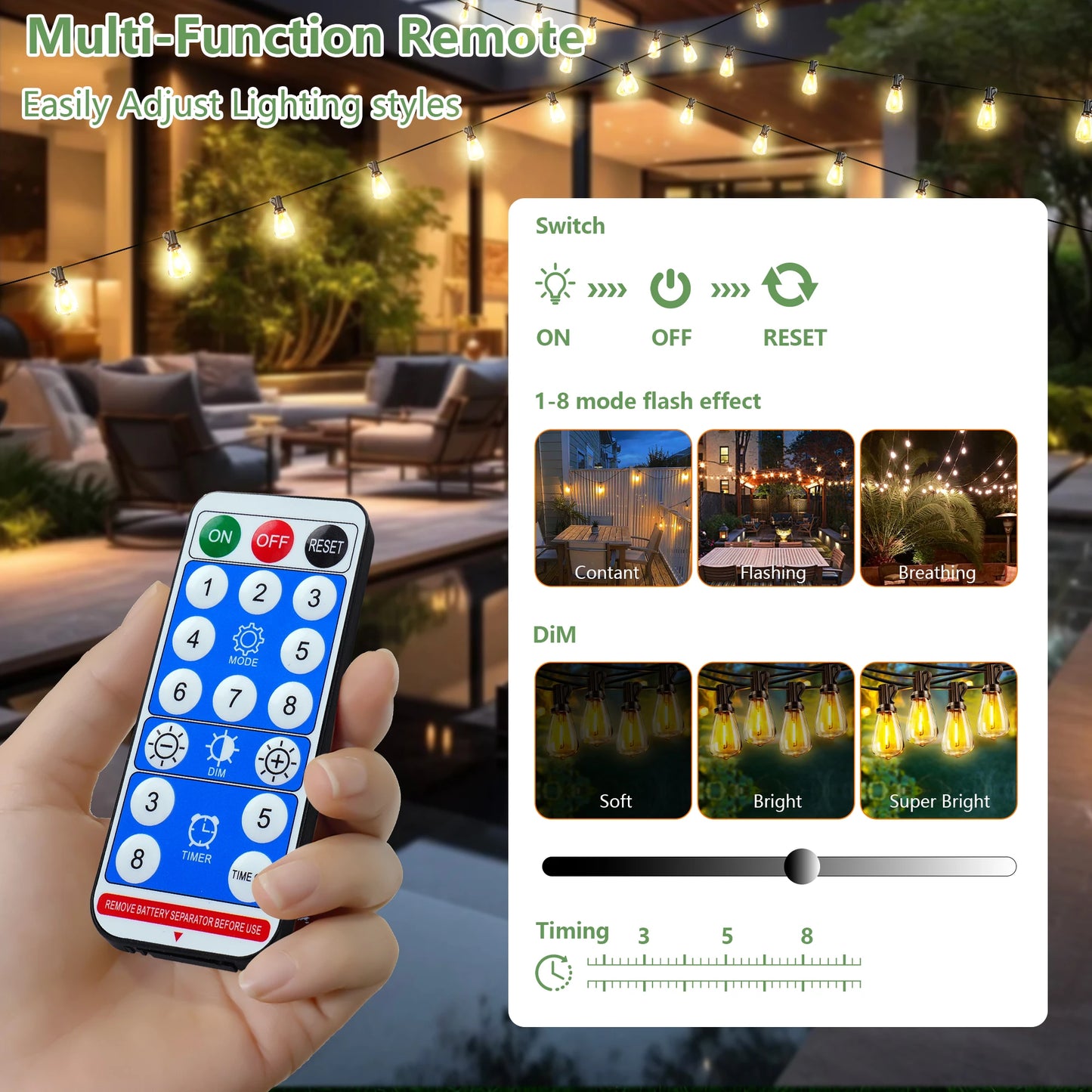 100Ft Solar Outdoor String Lights IP65 Waterproof With Replaceable Bulbs