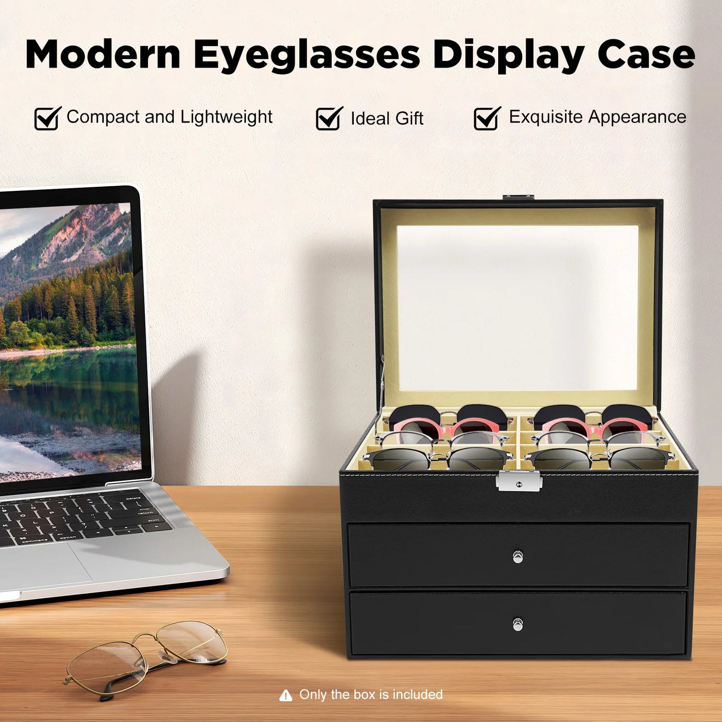 Black 3 Tier Eyeglasses Display Case For 24 Glasses With Lid 34x25x19 Cm