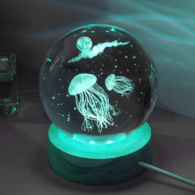 3D Jellyfish Laser Engraved Crystal Ball LED Night Light Gift
