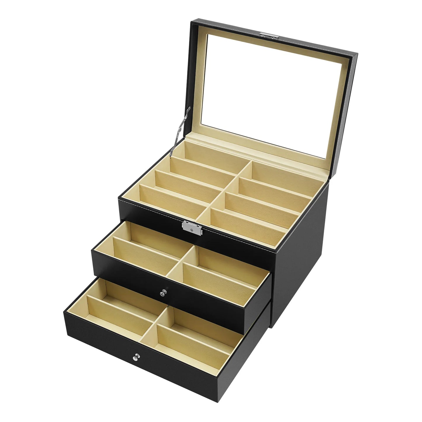 Black 3 Tier Eyeglasses Display Case For 24 Glasses With Lid 34x25x19 Cm