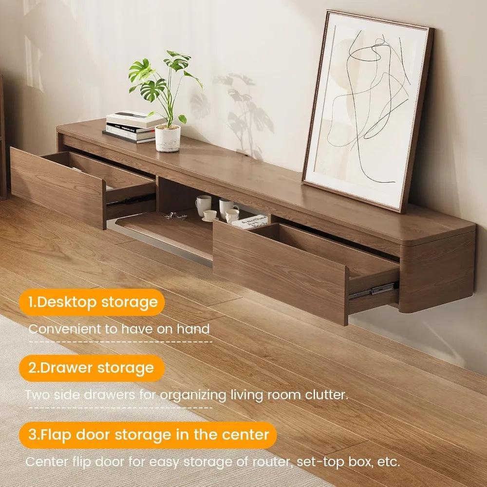 Walnut Modern Minimalist Wall Mounted TV Stand With 3 Drawers