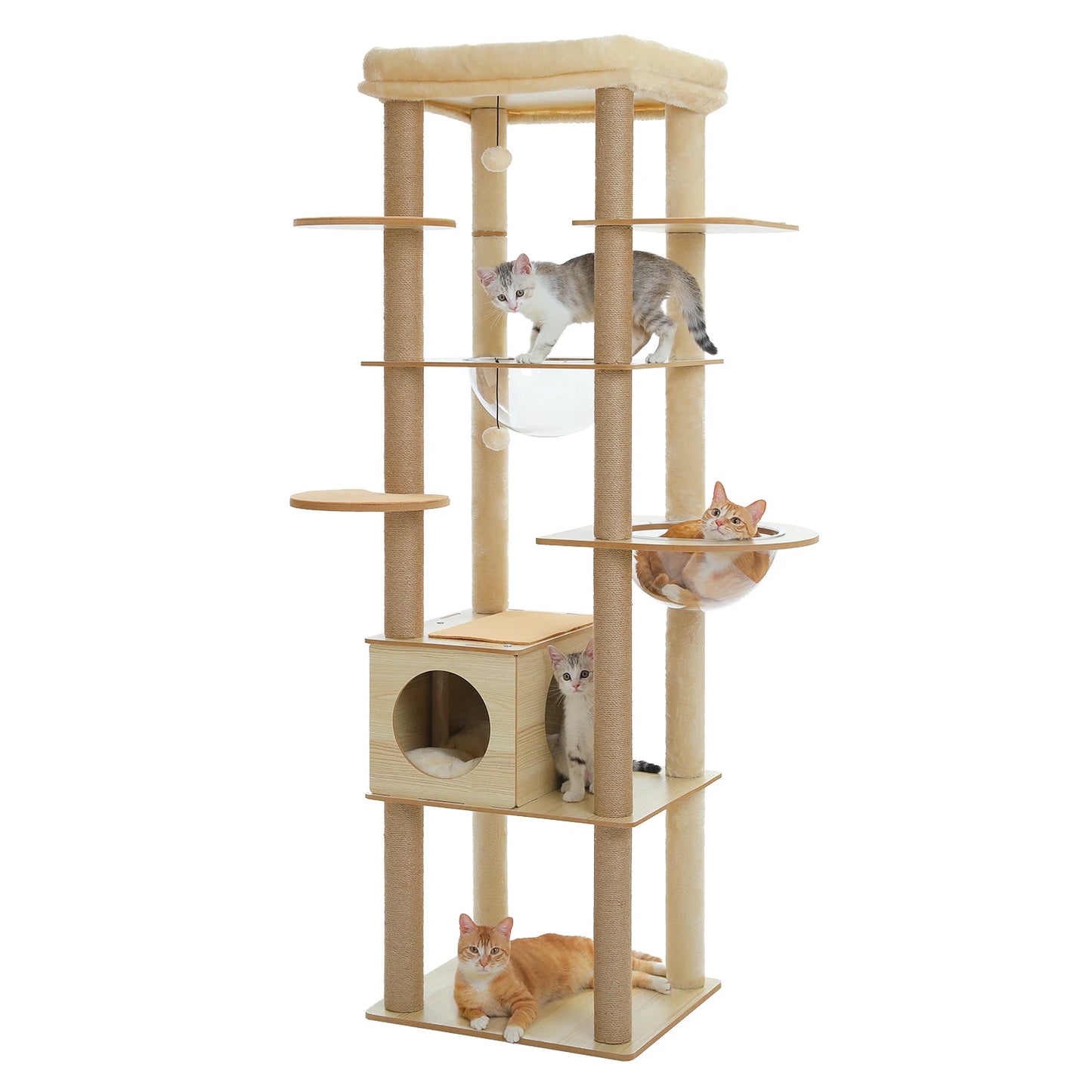 Multi Level Cat Tree Indoor Wood Cat Tower With Scratching Posts And Hammock