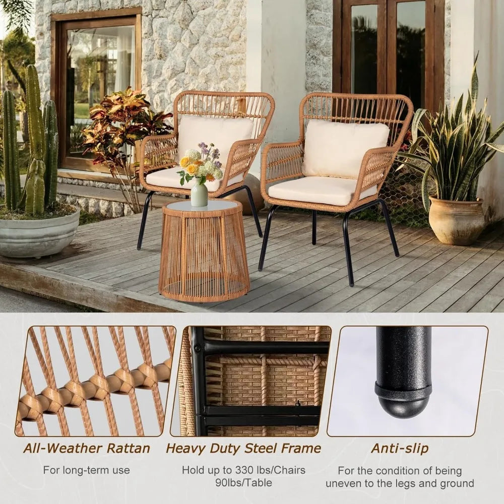 3 Piece Patio Wicker Bistro Set With 2 Large Chairs And Tempered Glass Table