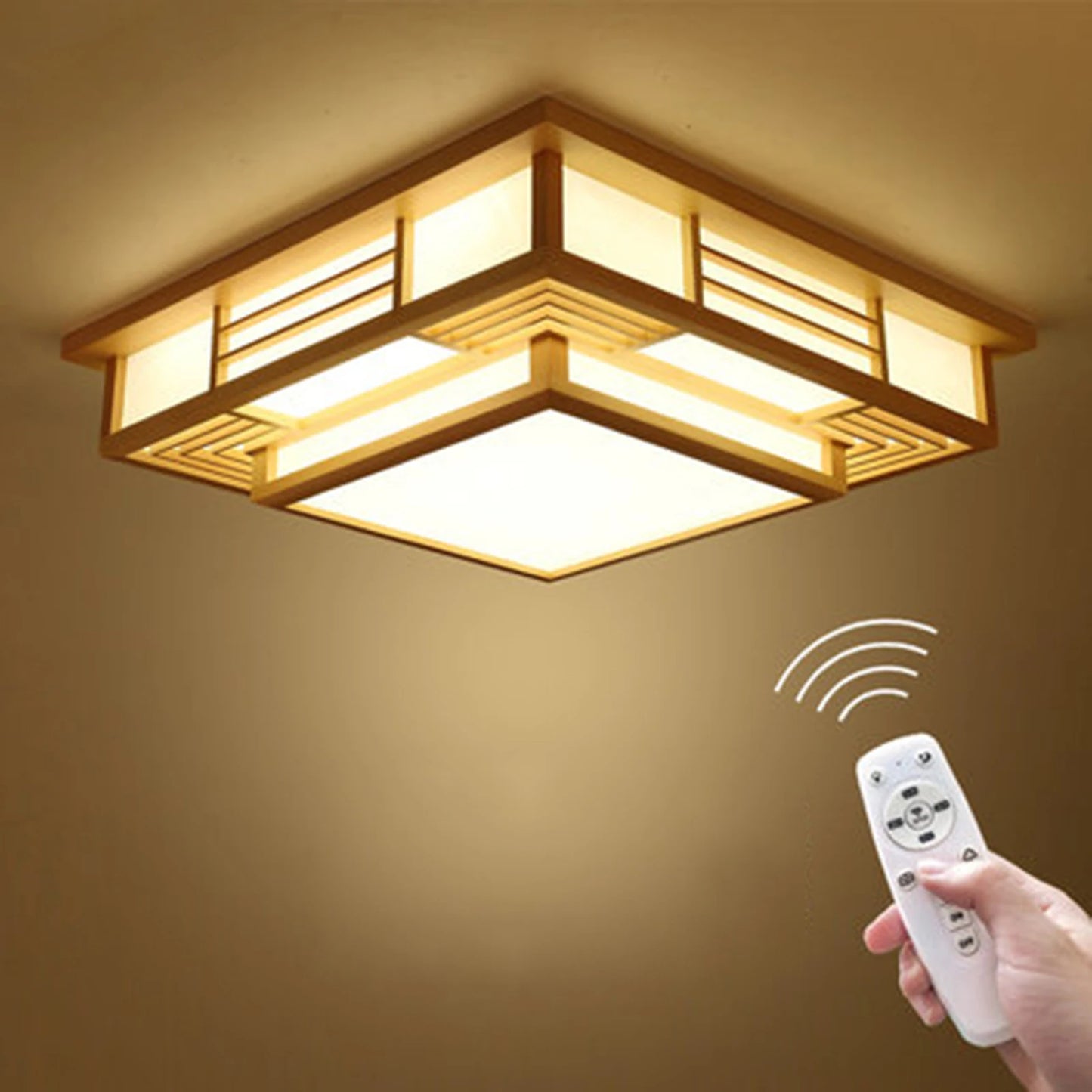 Japan Style Solid Wood Ceiling Lamp With Remote Control LED Flush Mount