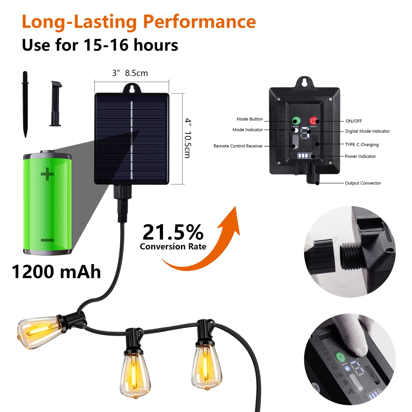 100Ft Solar Outdoor String Lights IP65 Waterproof With Replaceable Bulbs