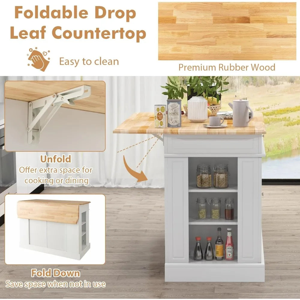 Kitchen Island With Drop Leaf Rubber Wood Top Storage Cabinet With 2 Drawers