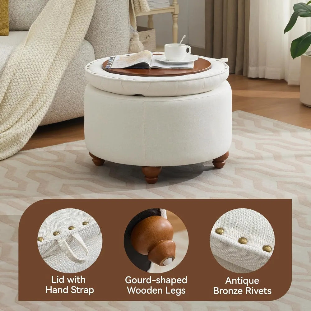 24 Inch Round Storage Ottoman With Removable Tray Tufted Fabric Coffee Table