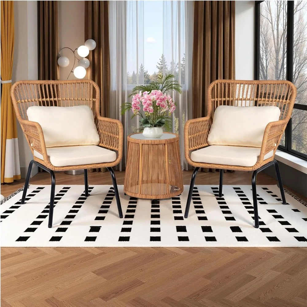 3 Piece Patio Wicker Bistro Set With 2 Large Chairs And Tempered Glass Table