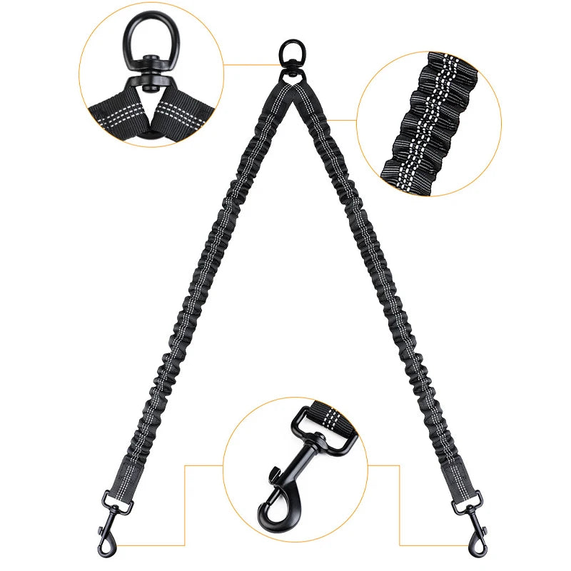 Double Dog Leash Coupler Elastic Rope Nylon Leash for Two Dogs