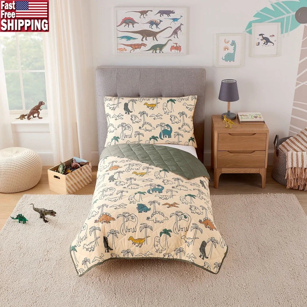Dino Toddler Bedding Set 2-Piece Comforter and Pillowcase Soft Cozy Machine Washable Friendly Design Kids 42x57 Inches
