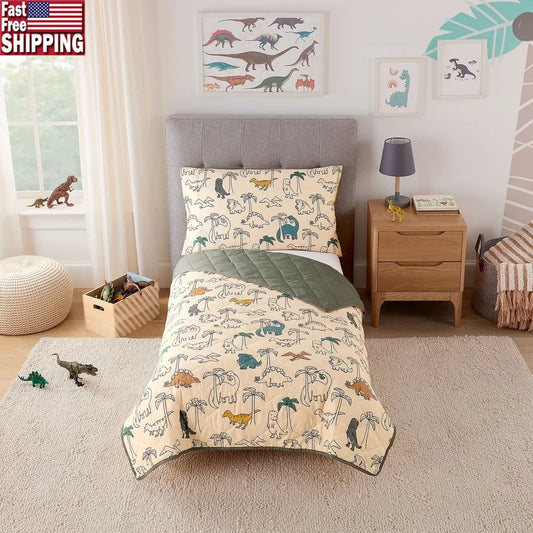 Dino Toddler Bedding Set 2-Piece Comforter and Pillowcase Soft Cozy Machine Washable Friendly Design Kids 42x57 Inches