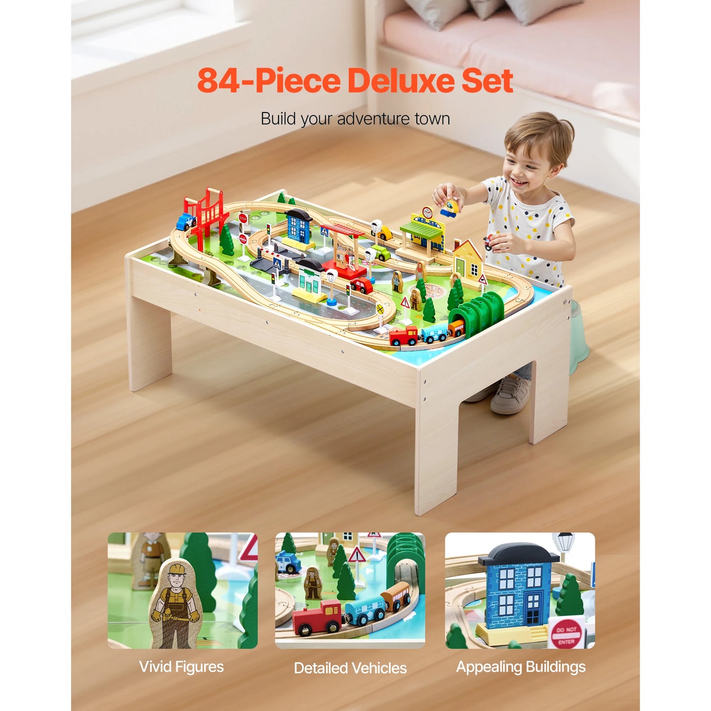 SucceBuy Kids Wooden Train Table Set 84 Piece Colorful Activity Storage Bin