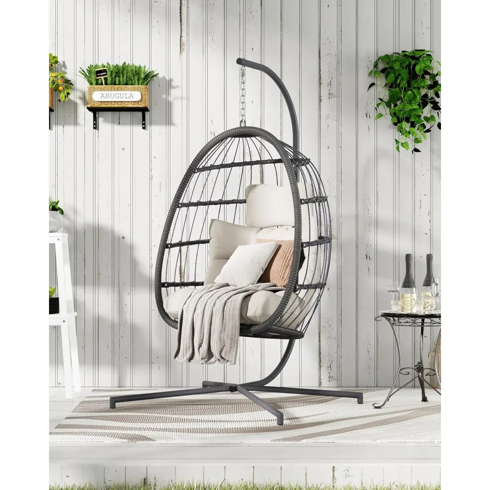 Hanging Egg Chair With Stand Beige Patio Wicker Hammock With Cushion Outdoor