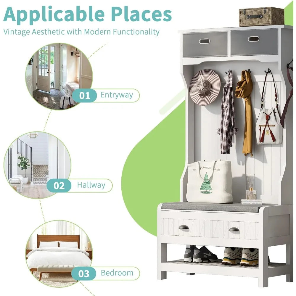 3 In 1 Hall Tree With 6 Hooks Hinged Lid Entryway Bench Storage Drawers