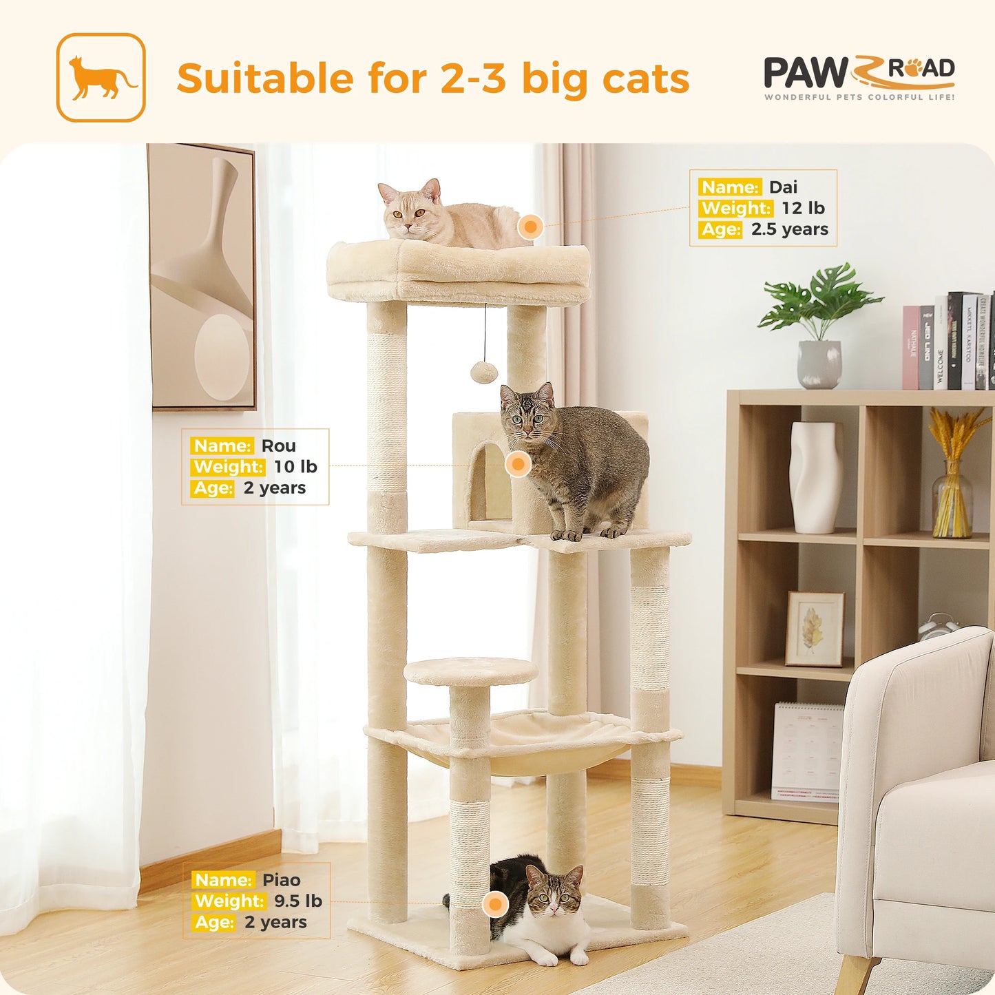 PAWZ Road 5 Level Cat Tree for Indoor Large Cats With Hammock and Sisal Posts