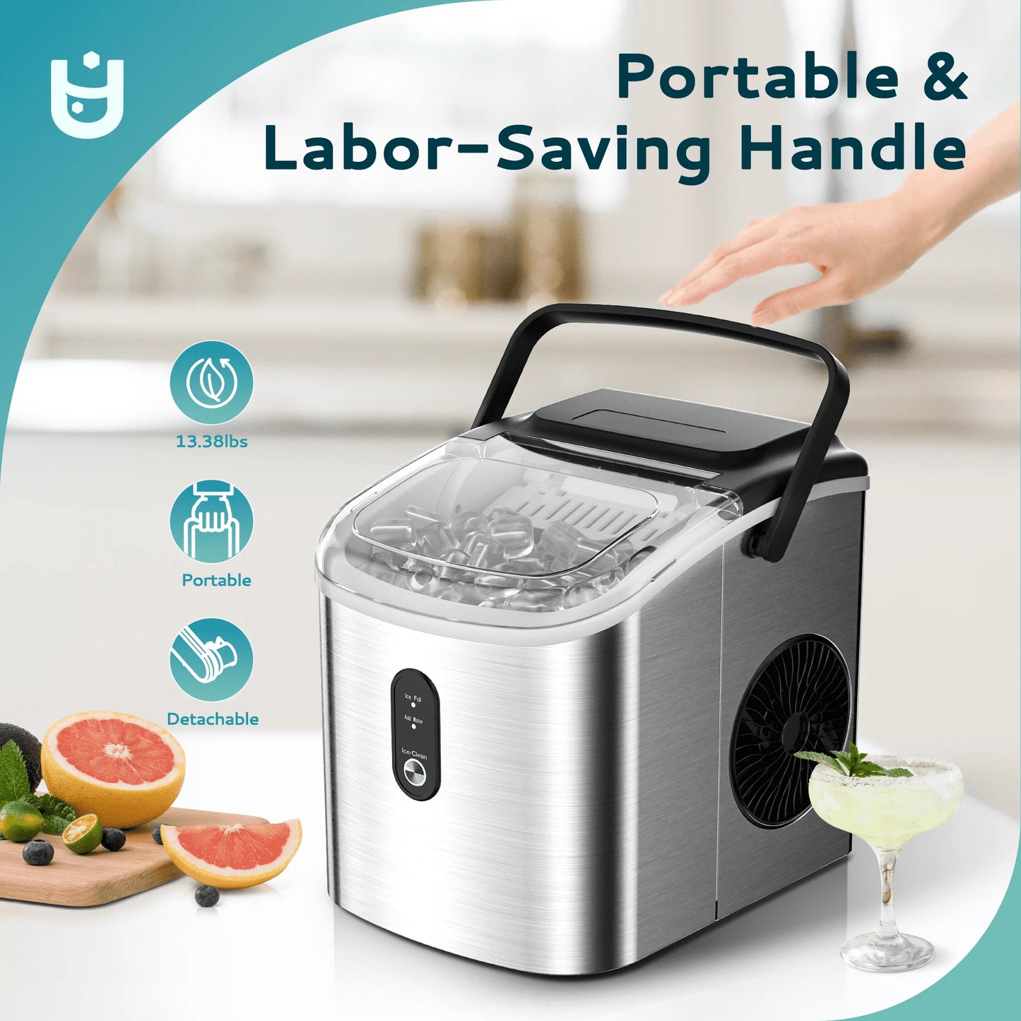 Countertop Ice Maker 26 lbs/Day Portable Self-Cleaning, 9 Bullet Ice in 6 Min, Silver, Auto-Cleaning, with Basket and Scoop