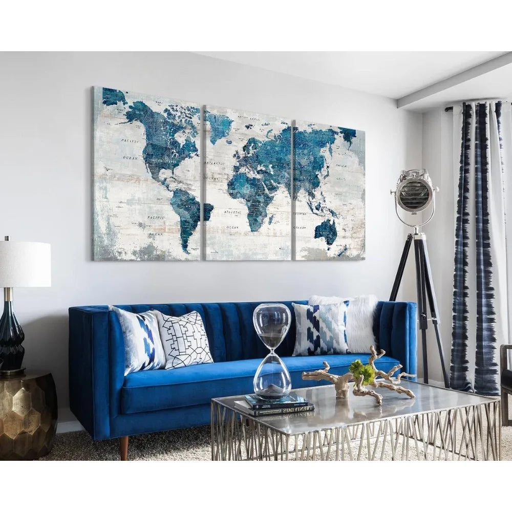 Three Piece Map Canvas Art Set For Living Room Blue Grey Wall Decor