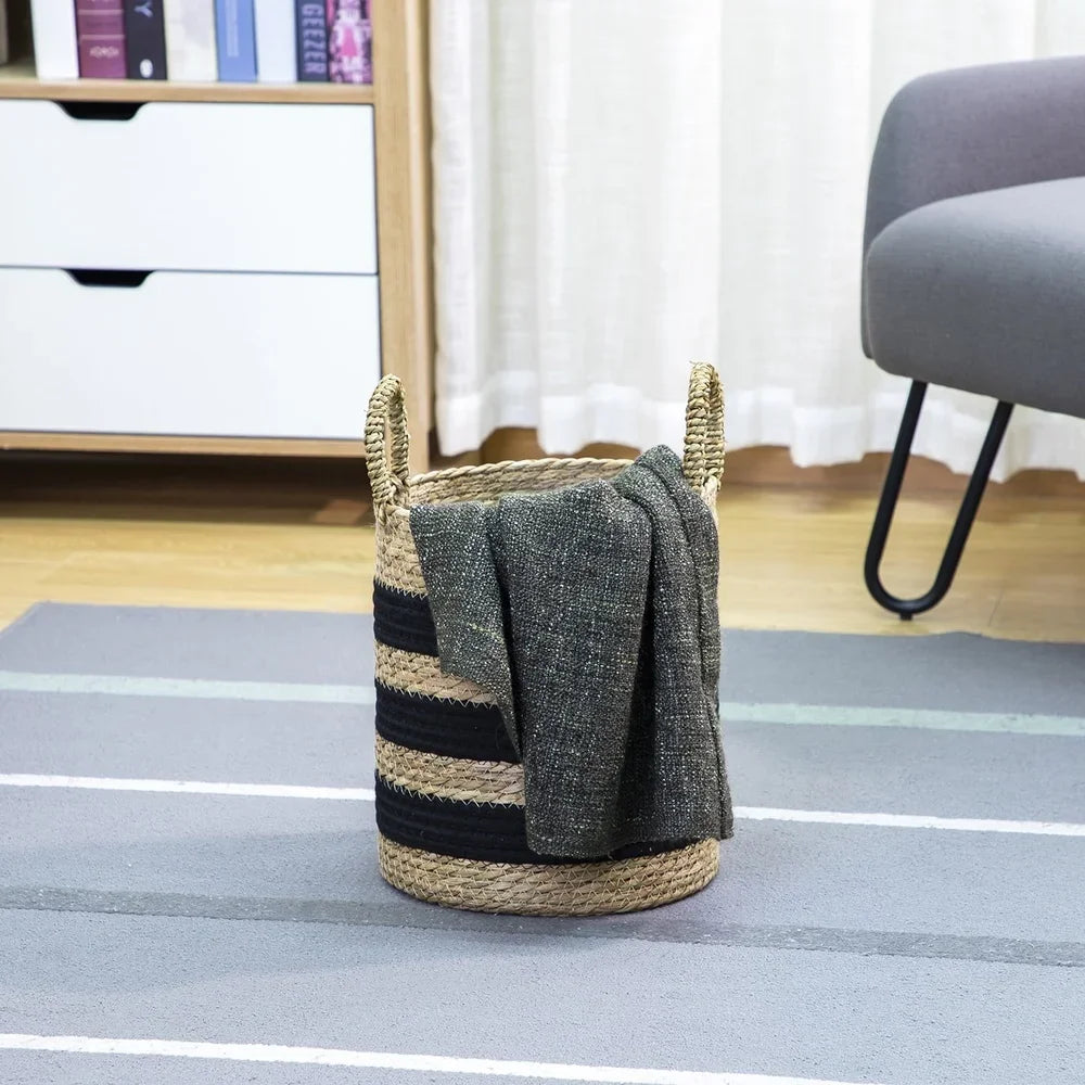 Two Pack Handcrafted Rush Baskets With Handles Decorative Round Storage Bins