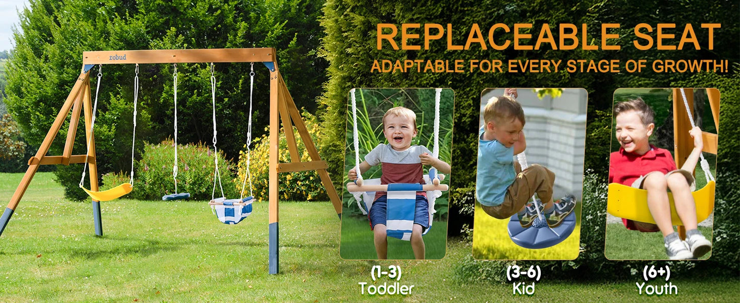 Robotime Robud 3 In 1 Wooden Playground Swing Set For Backyard With Tree Swing