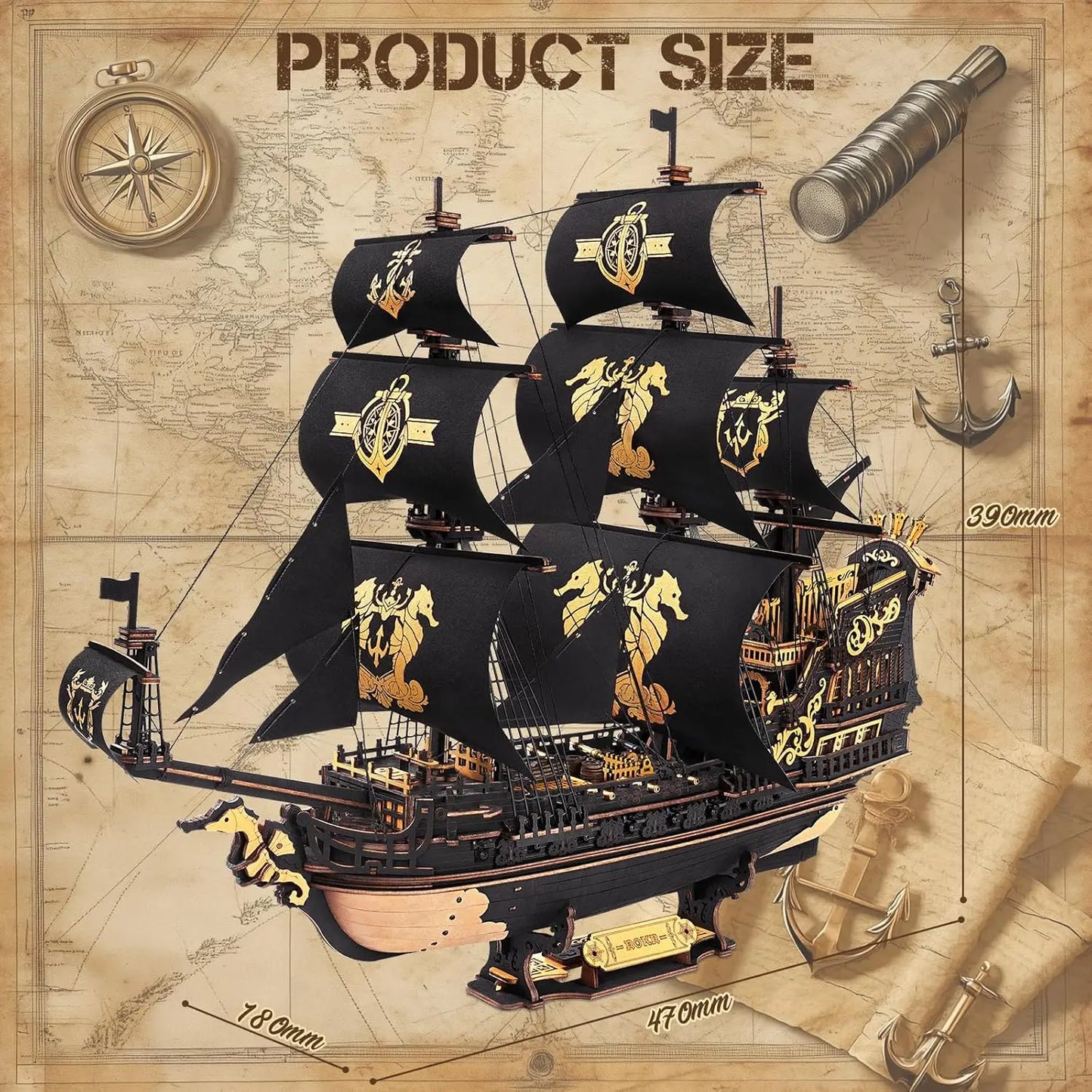 Robotime Rokr 3D Puzzle Seahorse Barque Wooden Model Kit For Teens And Adults