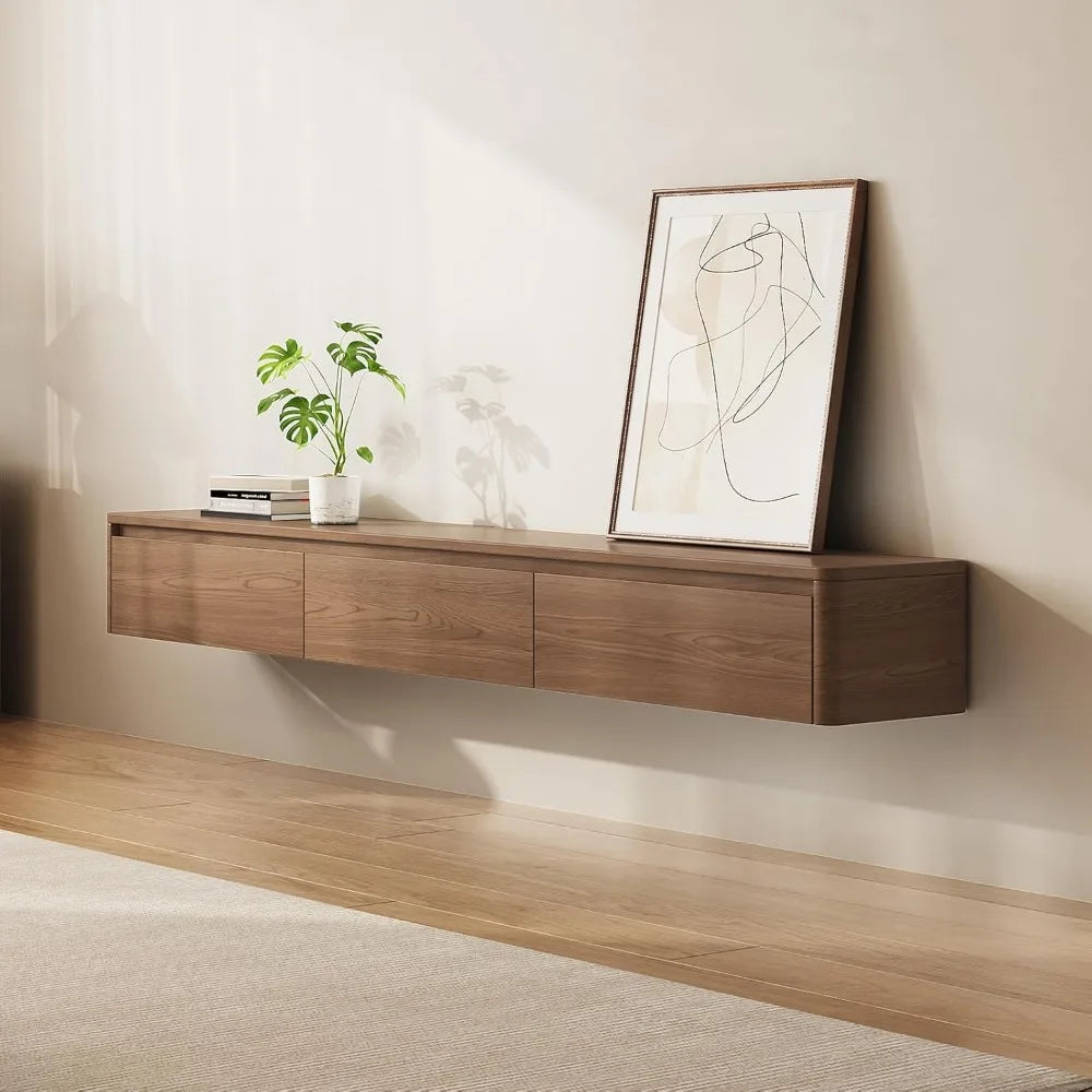 Walnut Modern Minimalist Wall Mounted TV Stand With 3 Drawers