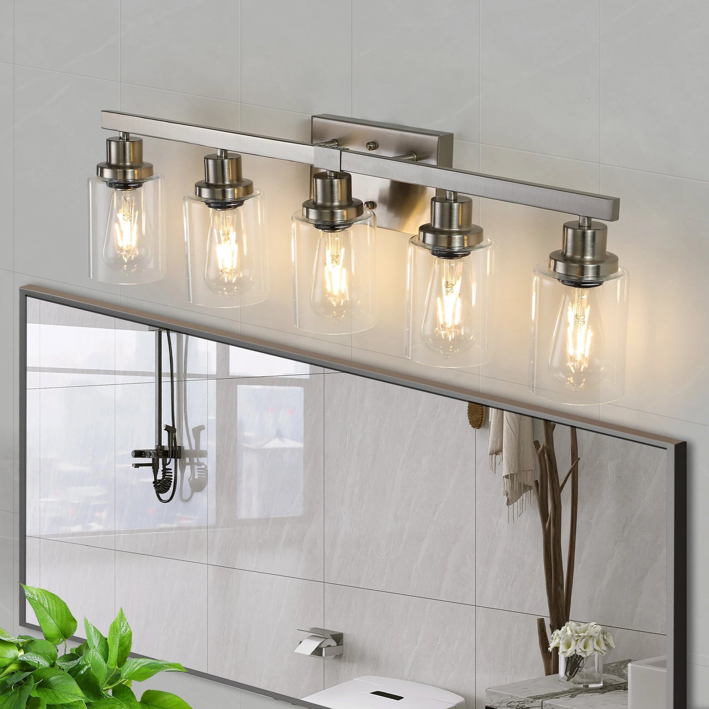Modern Industrial Bathroom Vanity Light Five Light Sconce Clear Glass Lampshades