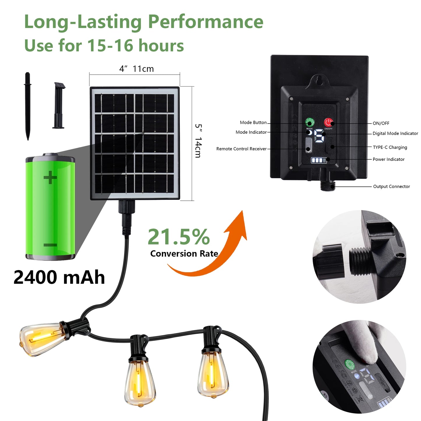 100Ft Solar Outdoor String Lights IP65 Waterproof With Replaceable Bulbs