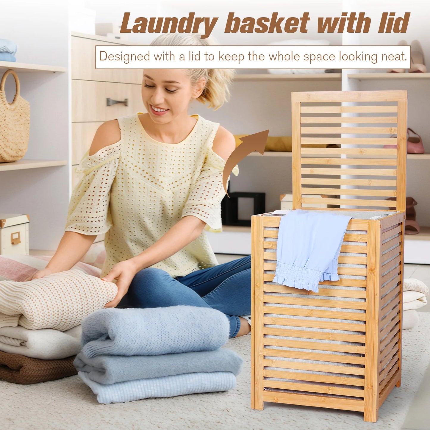 Bamboo Laundry Basket With Removable Liner Bag Large Capacity Utility Room