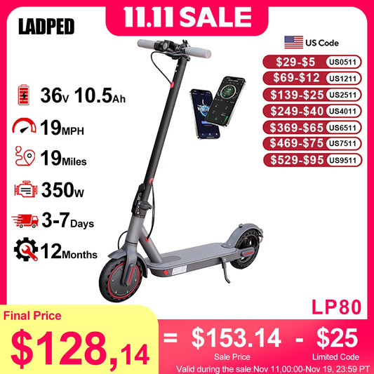 Ladped 350W Folding Electric Scooter 19MPH Waterproof Shock Absorbing 8.5 Tires