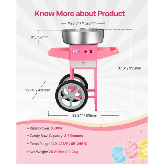 SucceBuy Electric Cotton Candy Machine With Cart 1000W 20.5 Inch Stainless Bowl