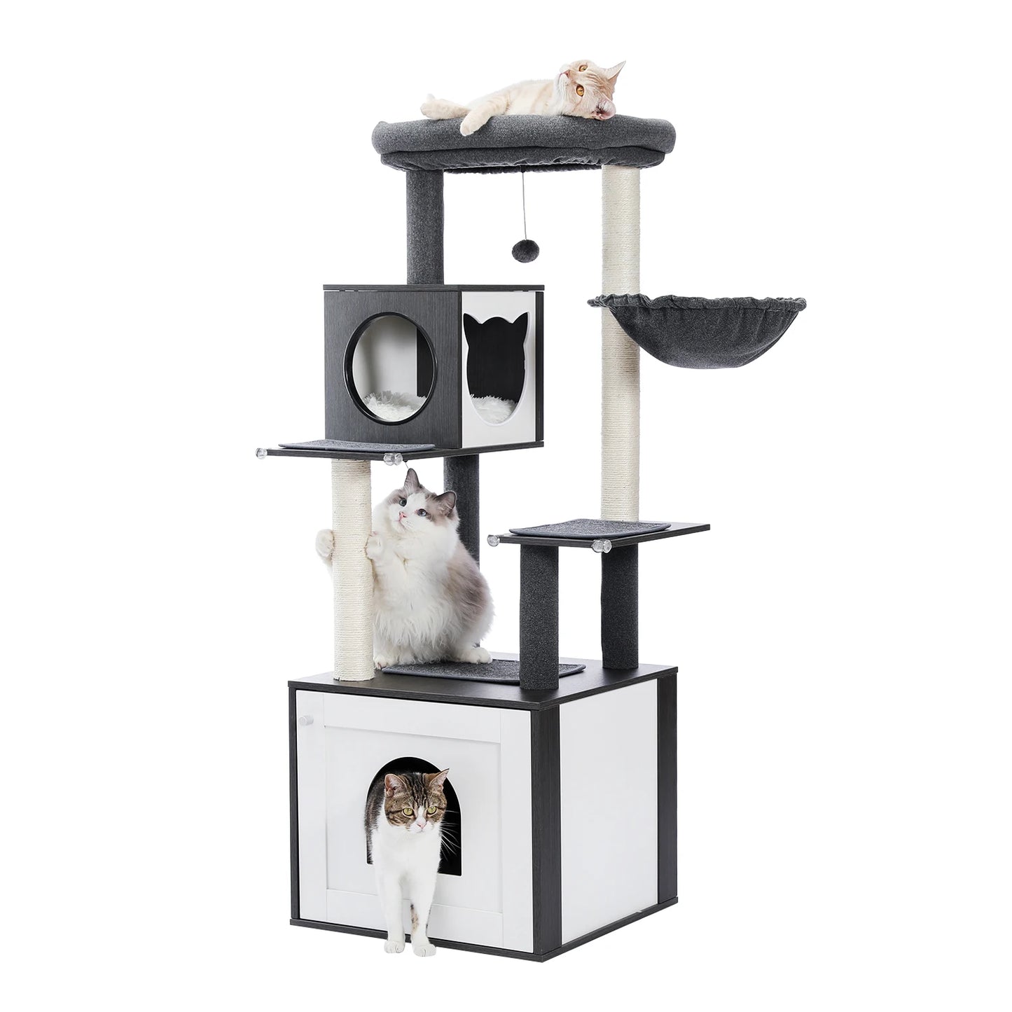 Multi Level Cat Tree Indoor Wood Cat Tower With Scratching Posts And Hammock