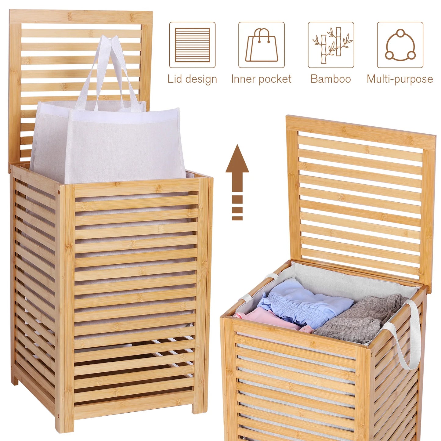 Bamboo Laundry Basket With Removable Liner Bag Large Capacity Utility Room