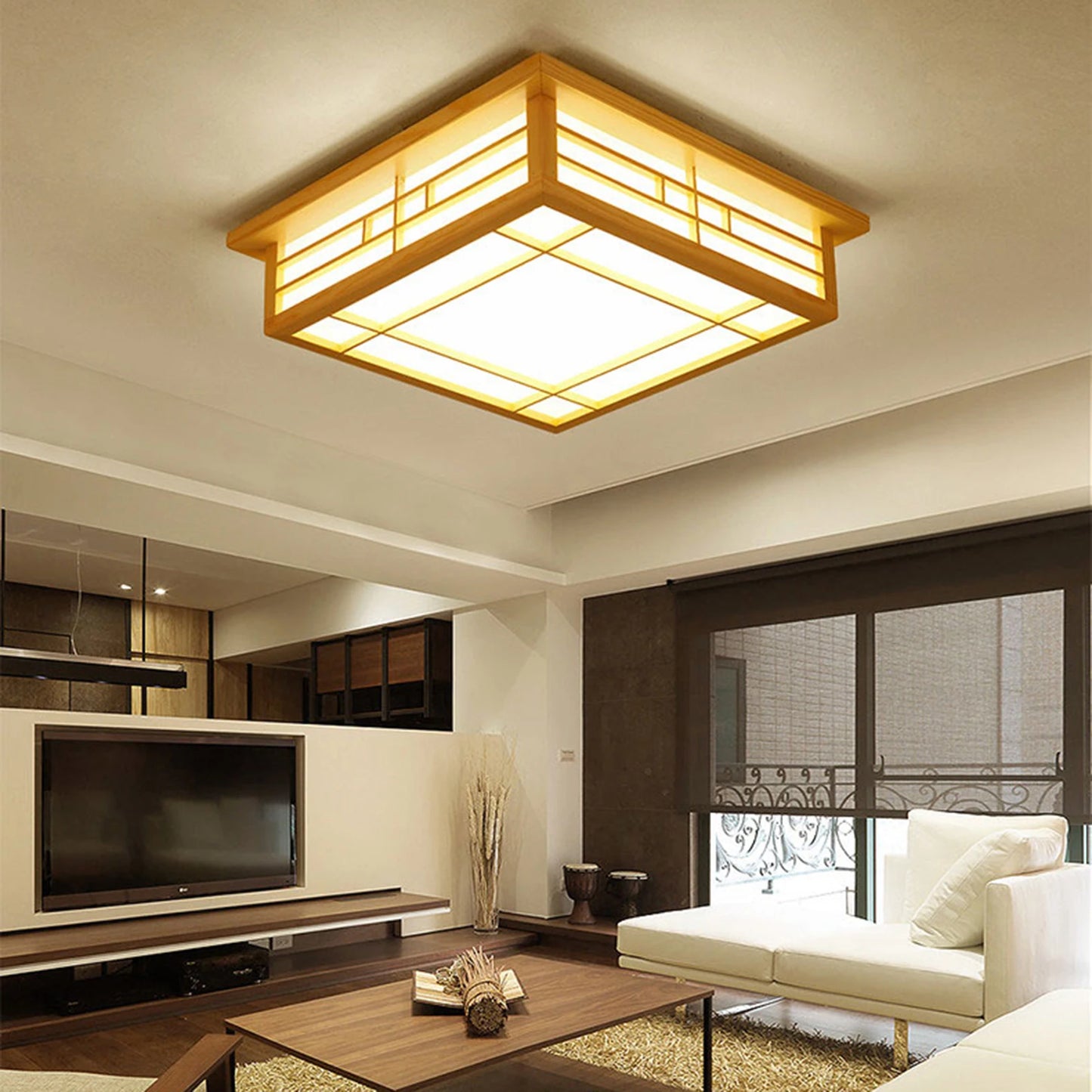 Japan Style Solid Wood Ceiling Lamp With Remote Control LED Flush Mount