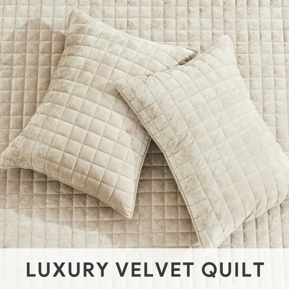 Luxury Velvet Quilt Set for Full/Queen Size Beds, Ultra Soft Comforter with Lightweight Stitched Design