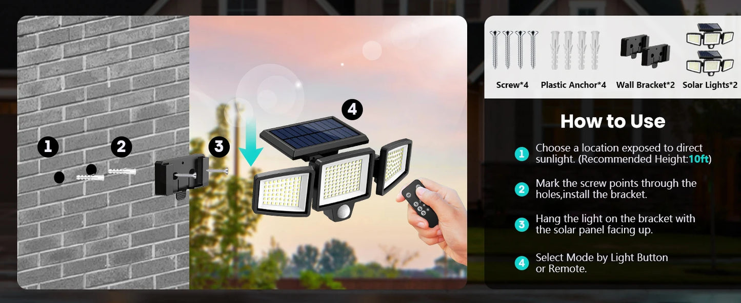 3 Pack Outdoor Solar Lights Motion Sensor Security Lights For Porch Garage Yard