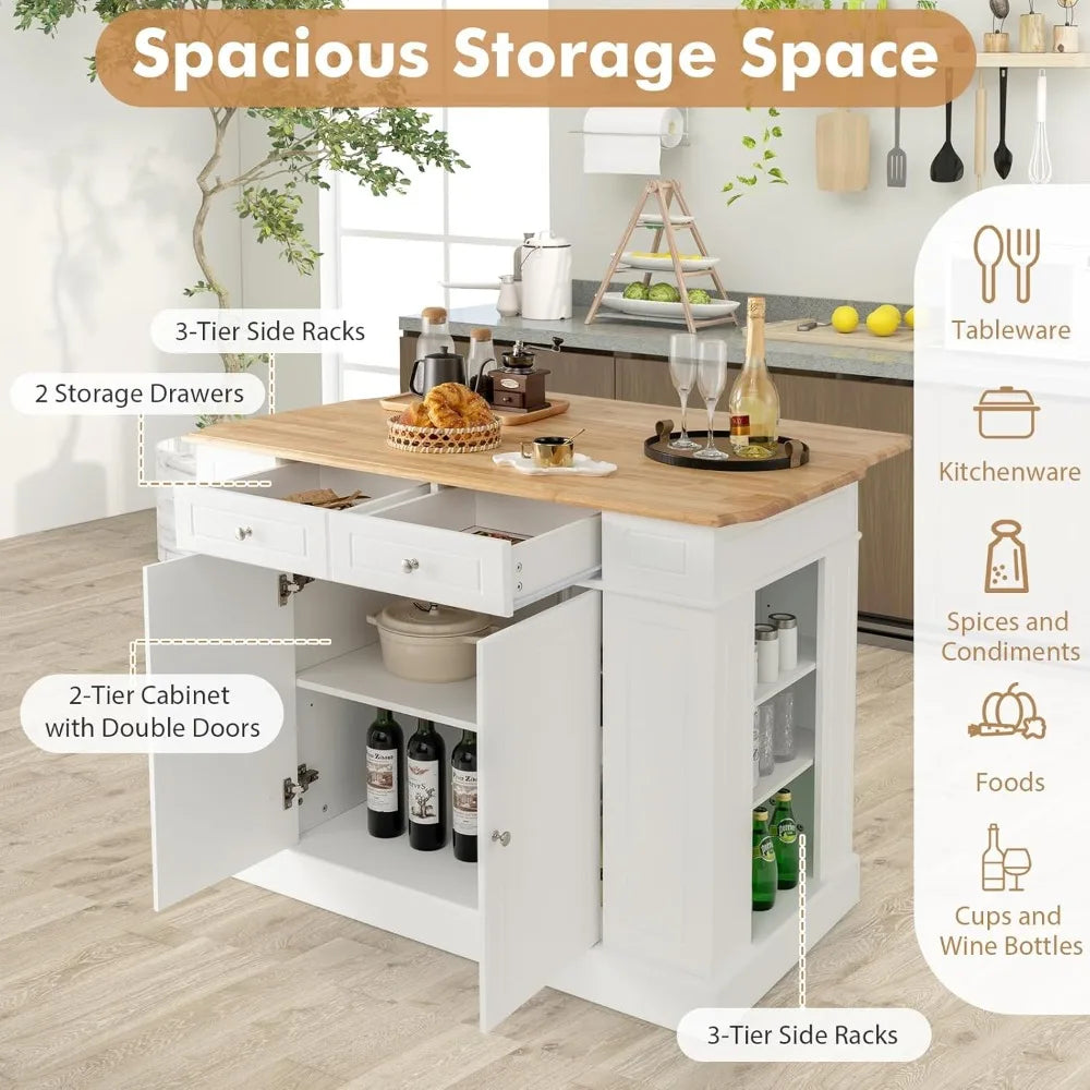 Kitchen Island With Drop Leaf Rubber Wood Top Storage Cabinet With 2 Drawers