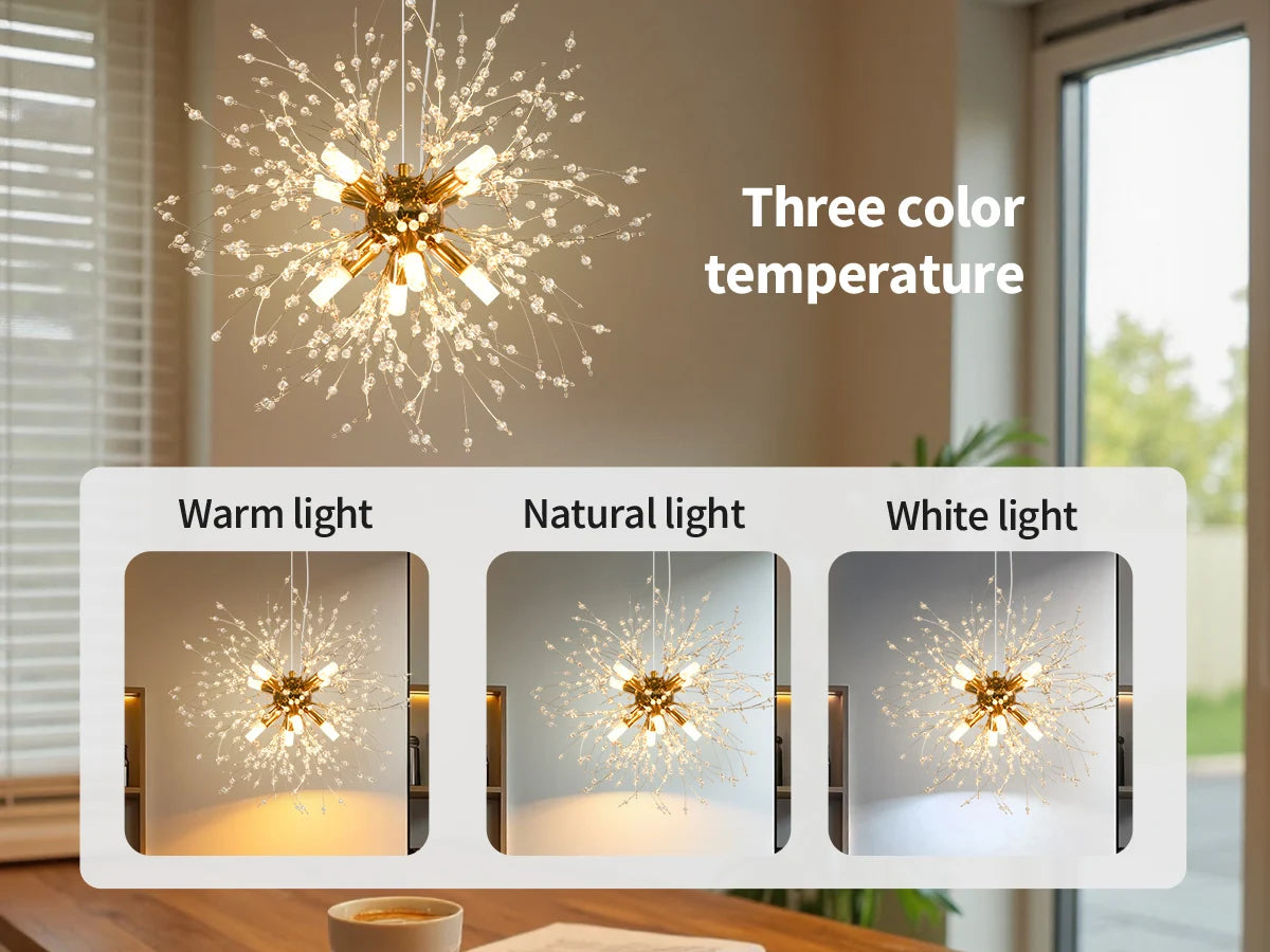 Modern Golden Crystal Chandelier Fireworks Dandelion G9 Living Room Light