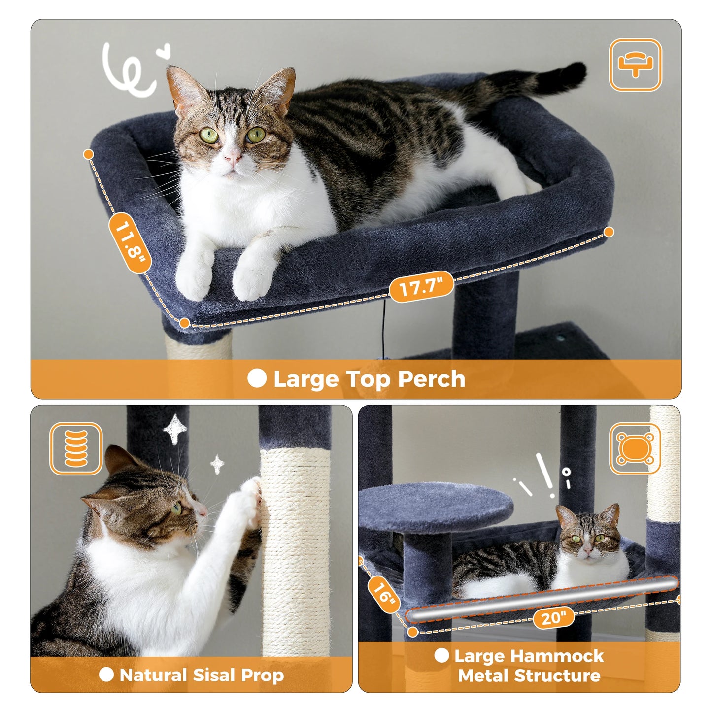 PAWZ Road 5 Level Cat Tree for Indoor Large Cats With Hammock and Sisal Posts