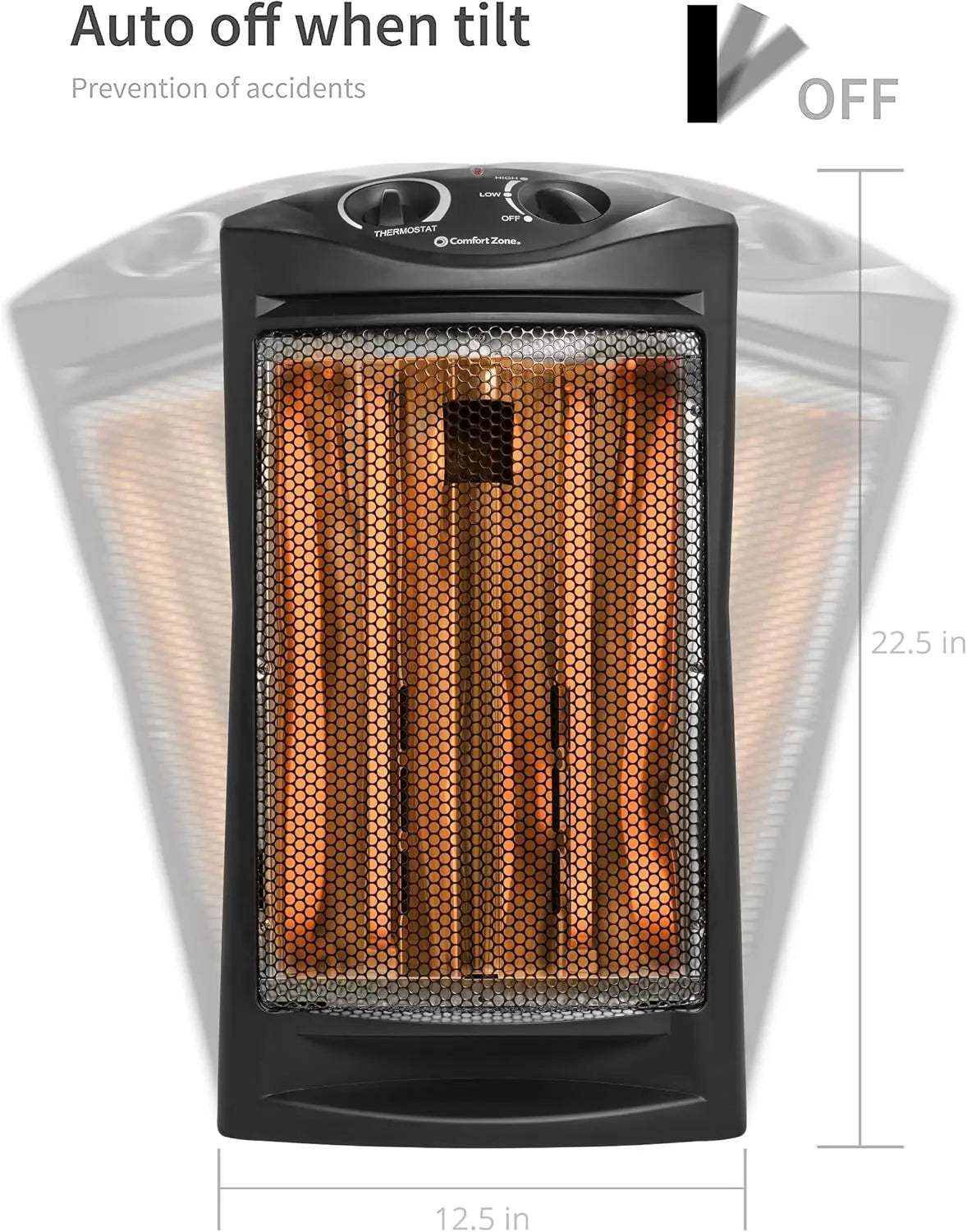 Portable Infrared Quartz Heater with Adjustable Thermostat and 2 Heat Settings