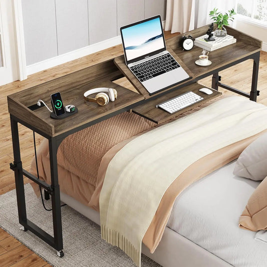 Height Adjustable Overbed Table With Wheels Queen Size Laptop Cart Desk
