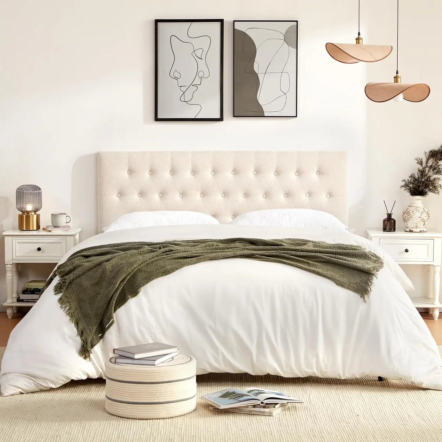 Beige Upholstered Queen Headboard Tufted With Wood Frame And Metal Legs 37 To 51