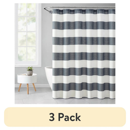 Gray Stripe Print 72x72 Ribbed Textured Polyester Shower Curtain 3 Pack