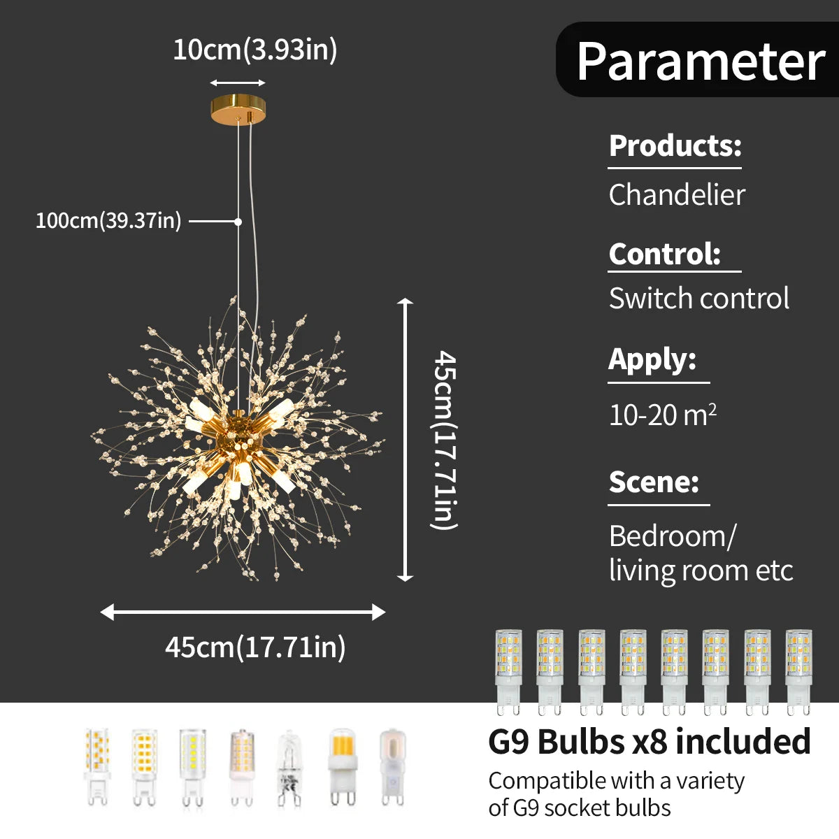 Modern Golden Crystal Chandelier Fireworks Dandelion G9 Living Room Light
