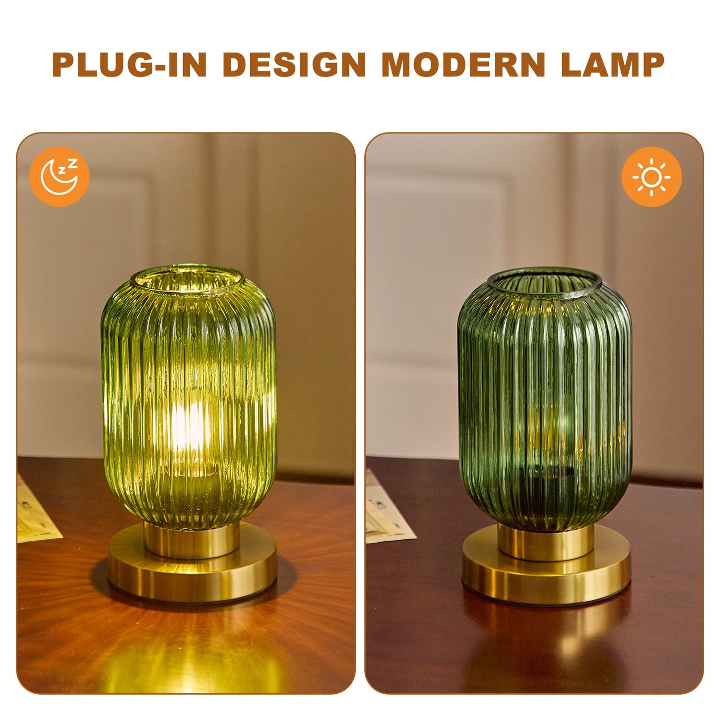 HSMKL Modern Ribbed Glass Table Lamp Bedside Light Plug In For Bedroom